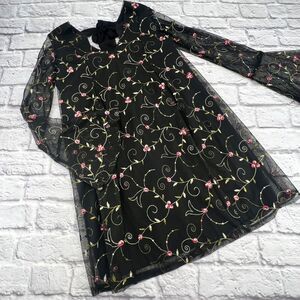 BCBGeneration Bow Back Flare Sleeve Dress‎ XS Black Chiffon Floral Embroidered